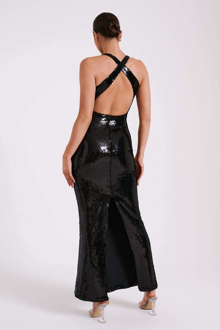 Gaun Maxi Sequin Bunga Tanpa Punggung