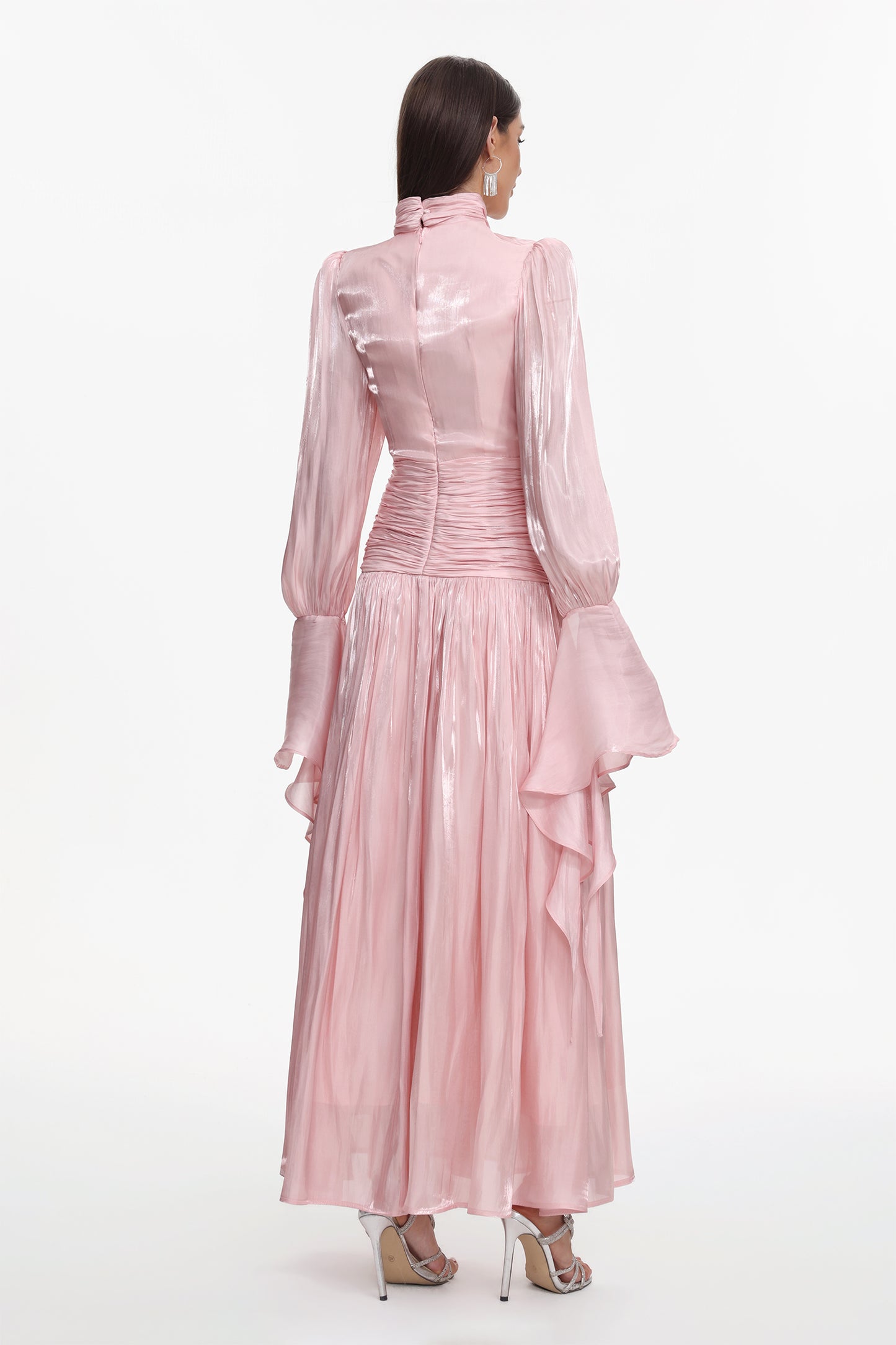 Viky Resort Waist-Defining Long Sleeve Ruched Woven Maxi Dress