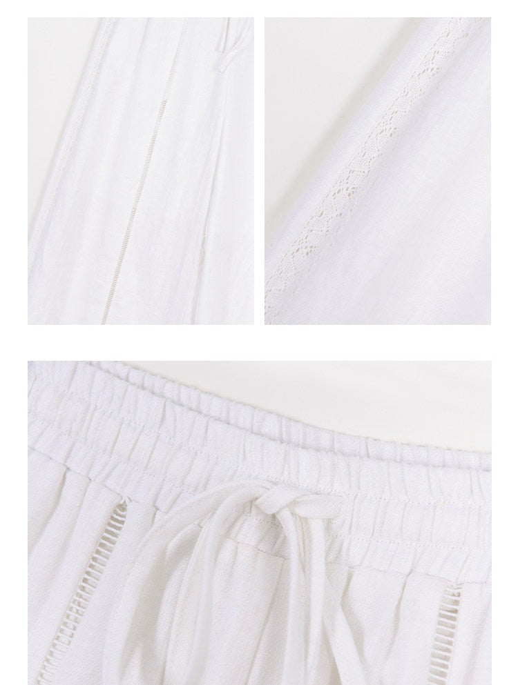 Linen Wide-Leg Pants with Lace Detail