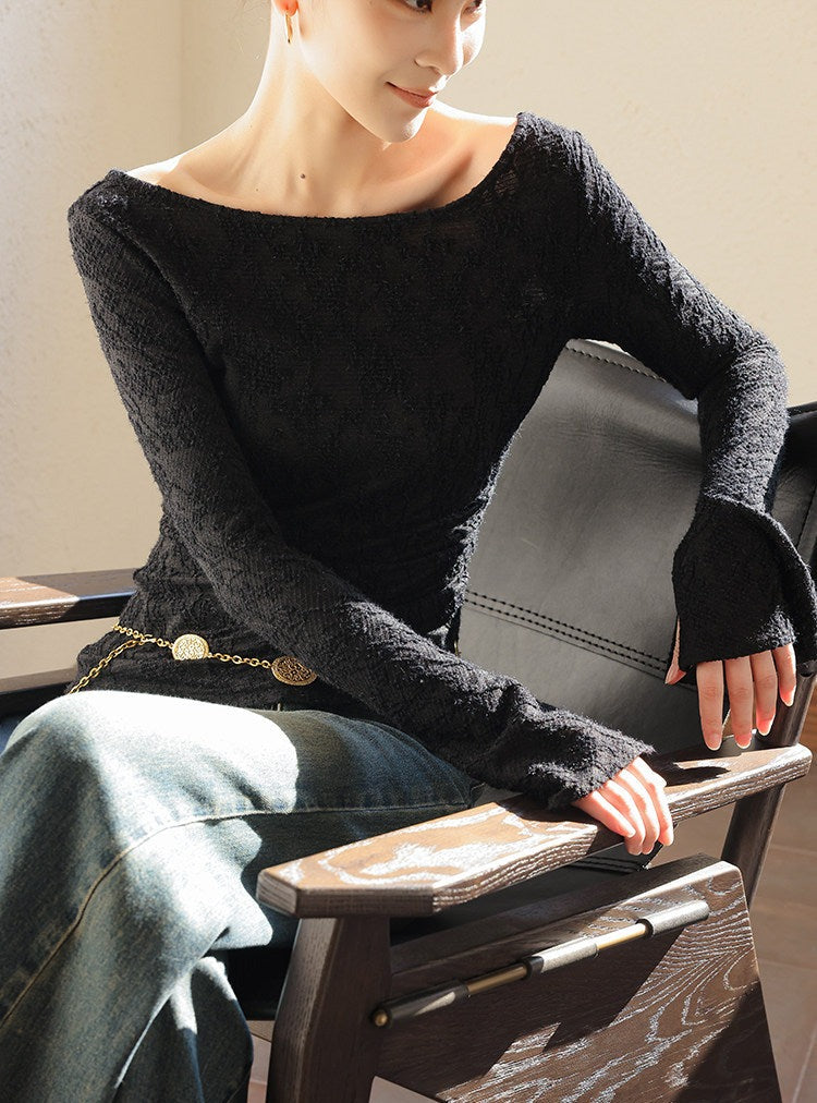Jacquard Knit Top - Off-the-Shoulder Long Sleeve