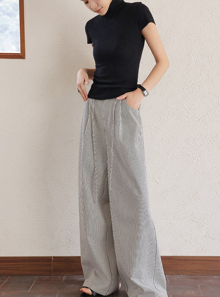 Polyester Wide-Leg Pants - Black Stripe