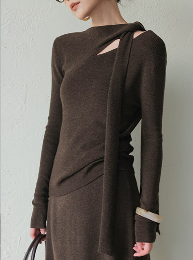 Knitted Set - Scarf Collar Top and Long Skirt