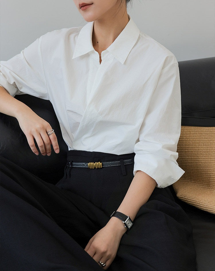 Cotton Long Sleeve Pleated Shirt - Elegant Beige