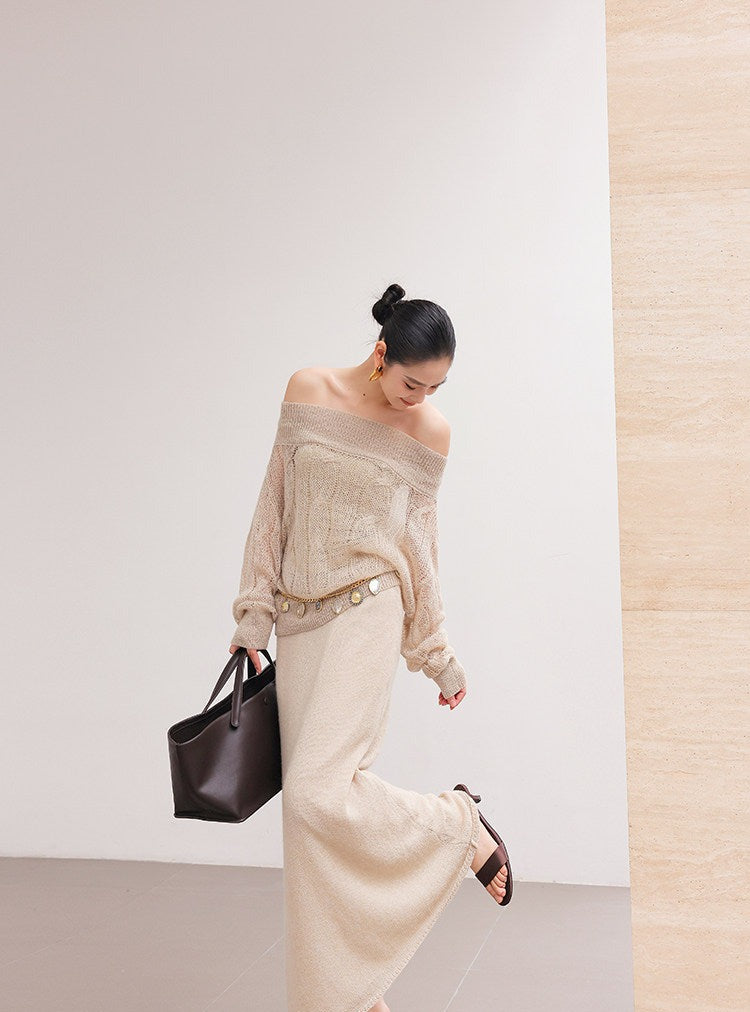 Set Atasan dan Rok Rajut Beludru Off-Shoulder