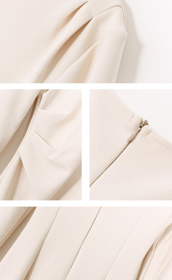 Gaun Lengan Panjang Beige - Gaya Elegan Pinggang Tinggi