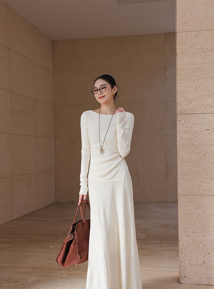 Knitted Viscose Top and Skirt Set - Elegant Beige