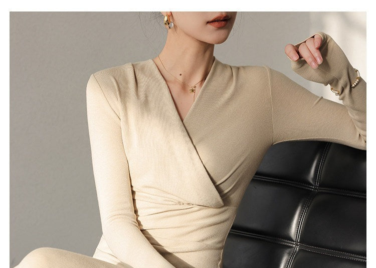 Viscose Dress with V-Neck and Long Sleeves