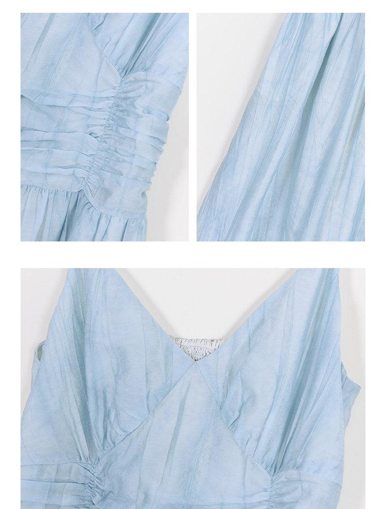 Viscose Dress - Blue V-Neck Pleated A-Line