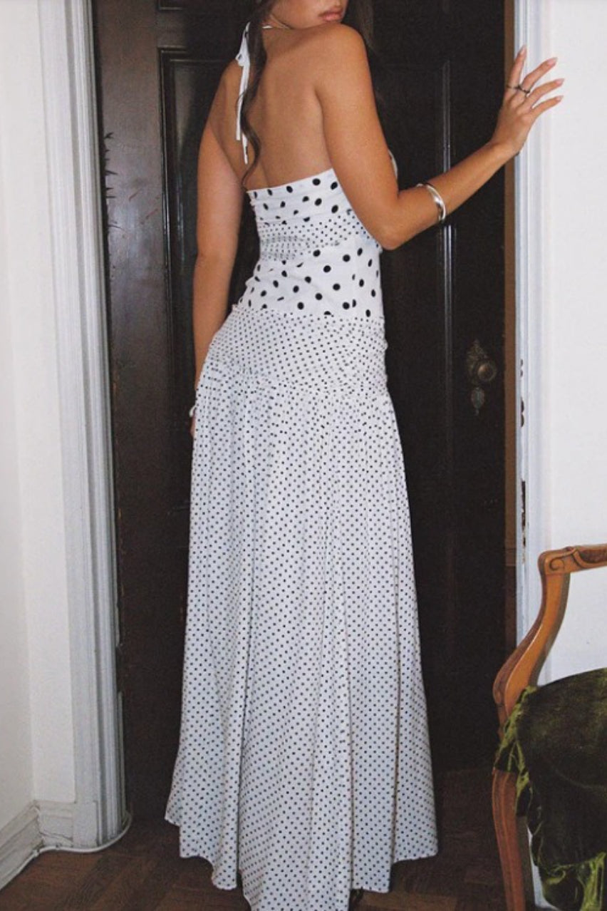 Gaun Maxi Cami Polka Dot Leher Persegi Renda
