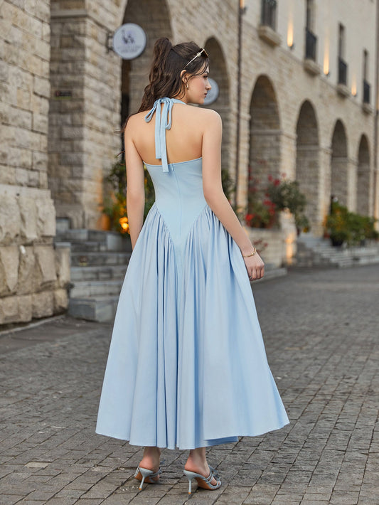 Halter Deep V-Neck Ruched Waist Solid Dress