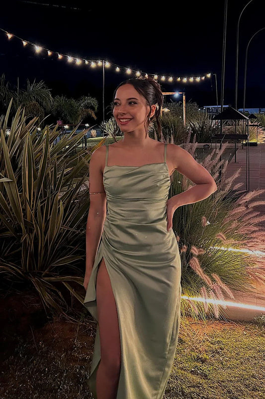 Sage Green Spaghetti Straps Ruched Empire Split Satin Party Prom Dress