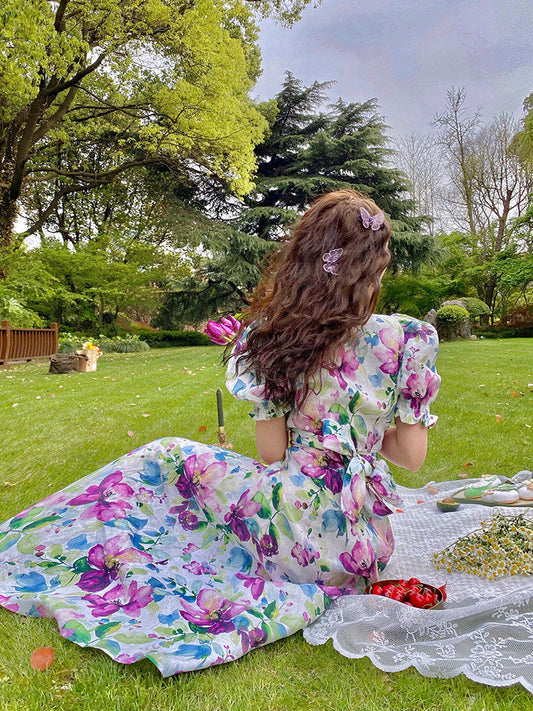 Tencel Linen Long Dress - Elegant Floral Print