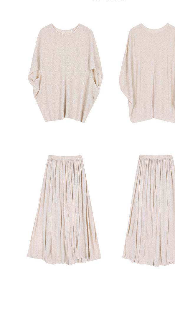 Linen 2-Piece Set - Batwing Sleeve Top and Skirt
