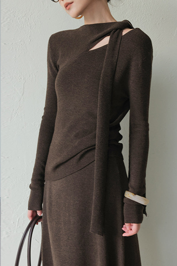 Knitted Set - Scarf Collar Top and Long Skirt