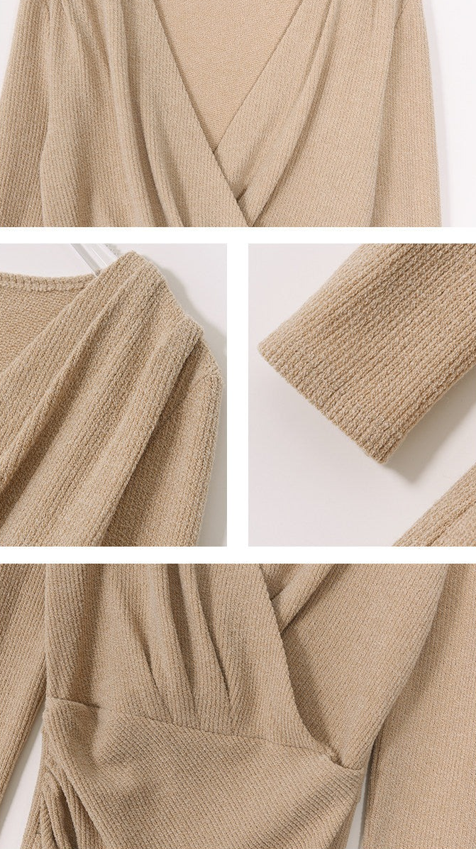 Polyester Cotton Spandex Long Sleeve V-Neck Dress