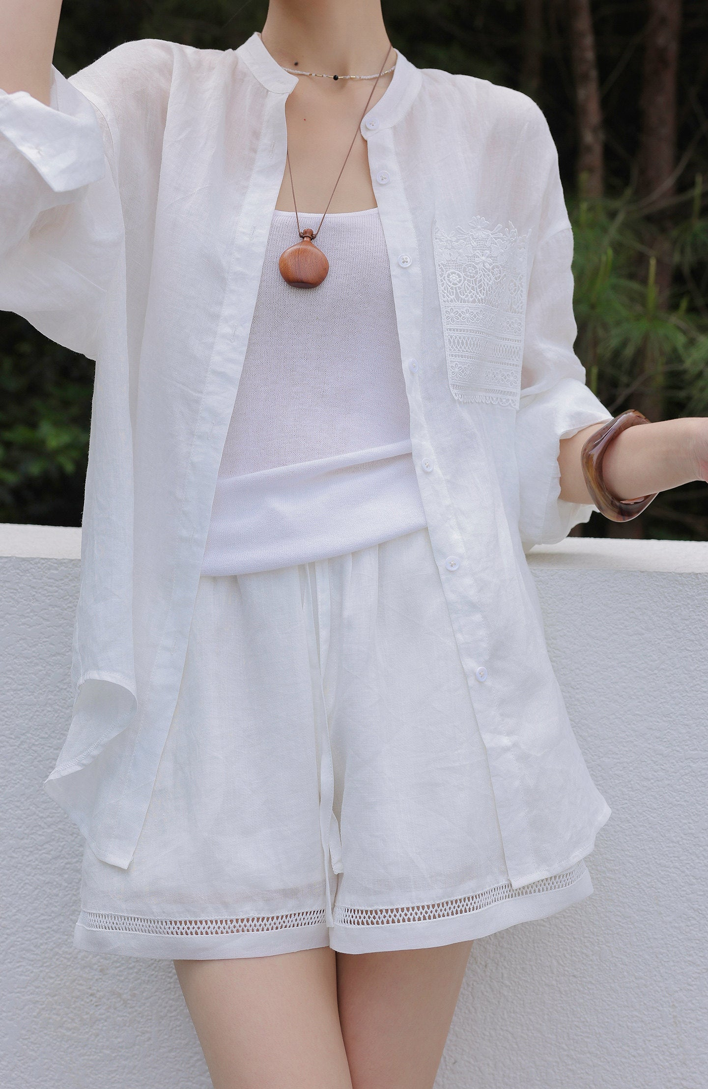 Linen Blend 2-Piece Set - Lace Insert Shirt and Wide-Leg Shorts