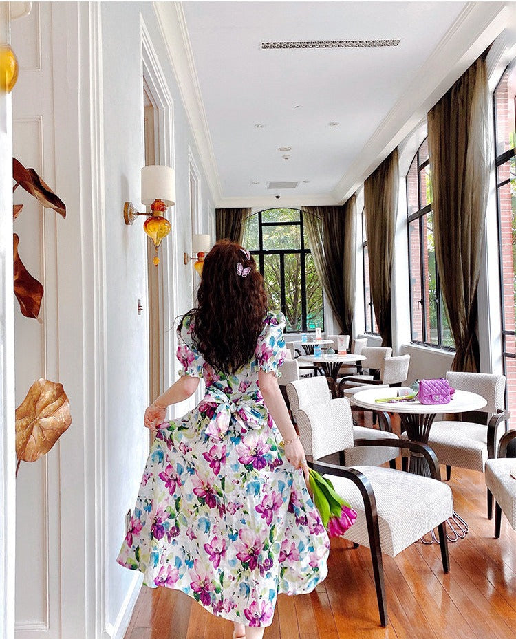 Tencel Linen Long Dress - Elegant Floral Print