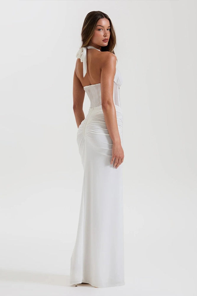 Gaun Maxi Panel Jala Halter