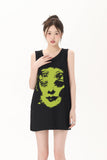 Abstract Face Print Sleeveless Dress