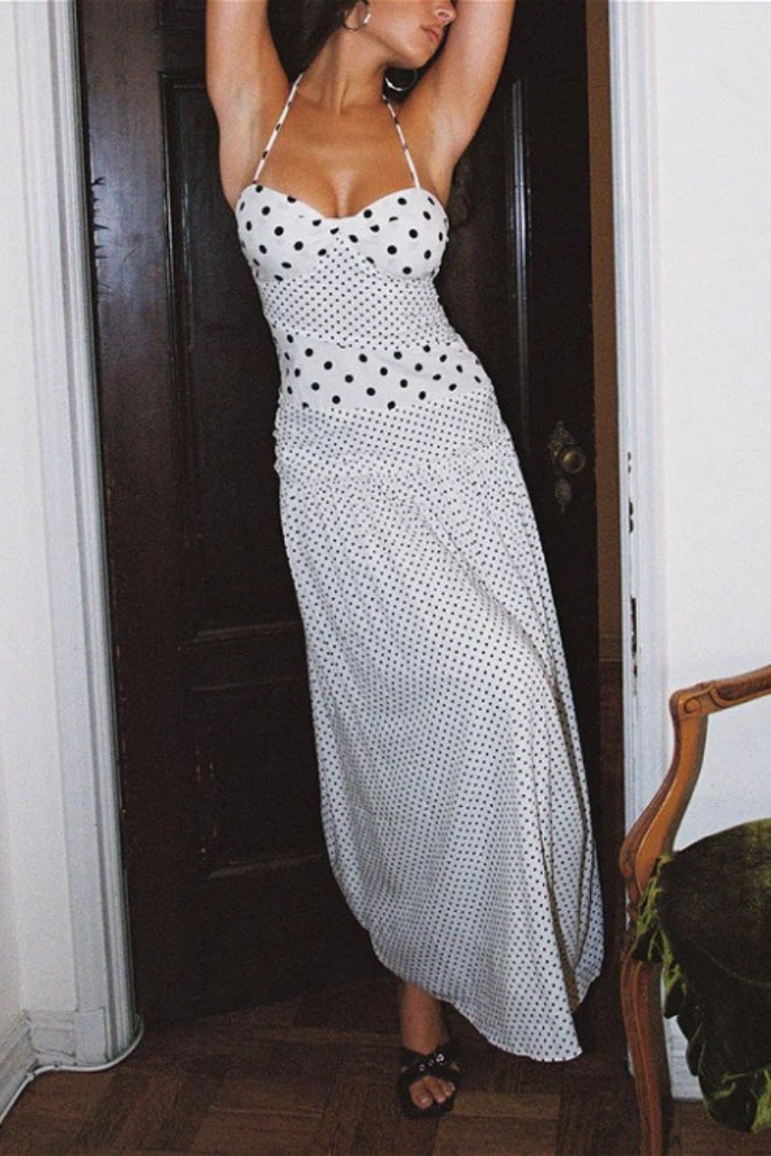 Gaun Maxi Cami Polka Dot Leher Persegi Renda