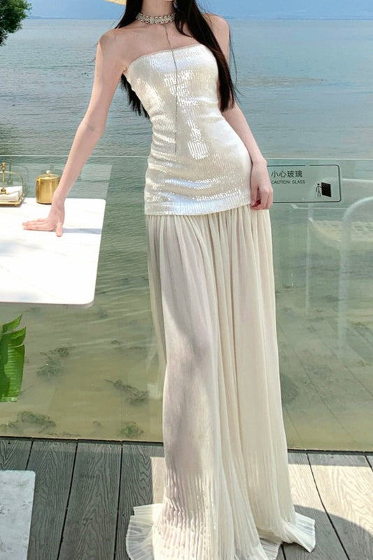Gaun Maxi Flowy Tanpa Pundak Patchwork Pita