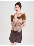 Floral Off-Shoulder Top with Brown Shrug and Rosette Detail