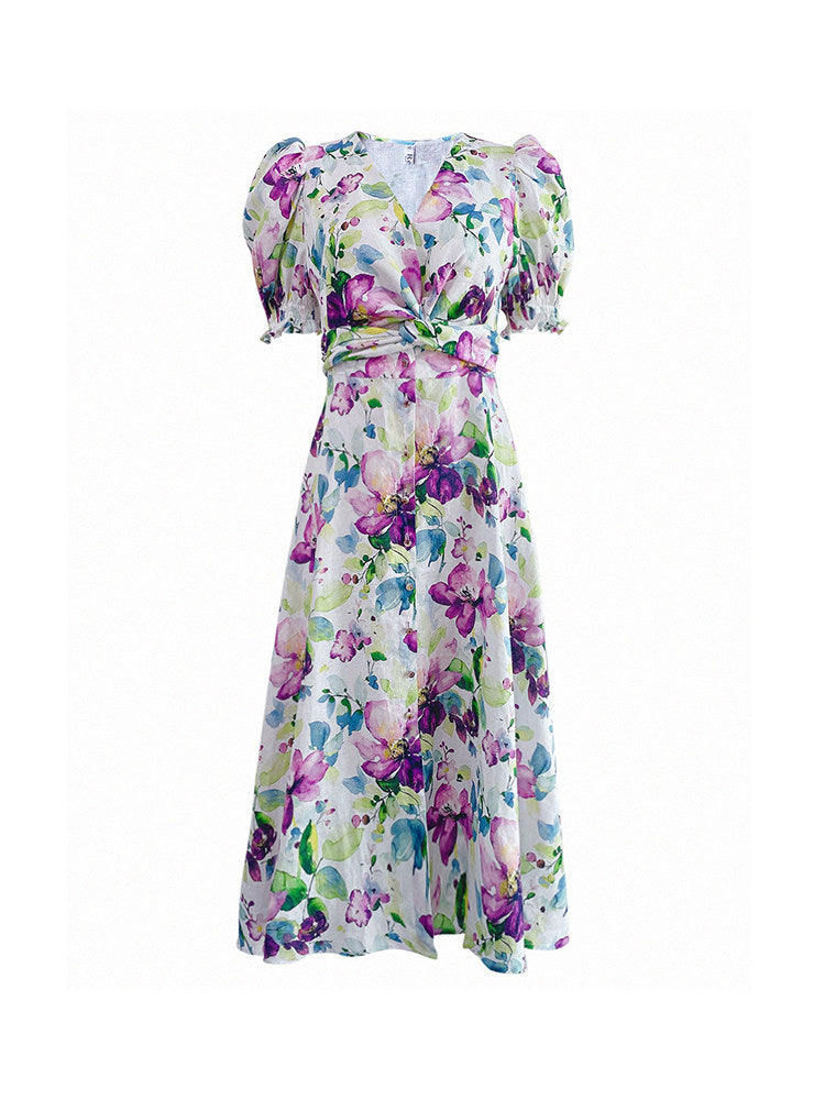 Tencel Linen Long Dress - Elegant Floral Print