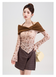 Floral Off-Shoulder Top with Brown Shrug and Rosette Detail