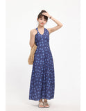 Blue Floral Print Sleeveless Maxi Dress