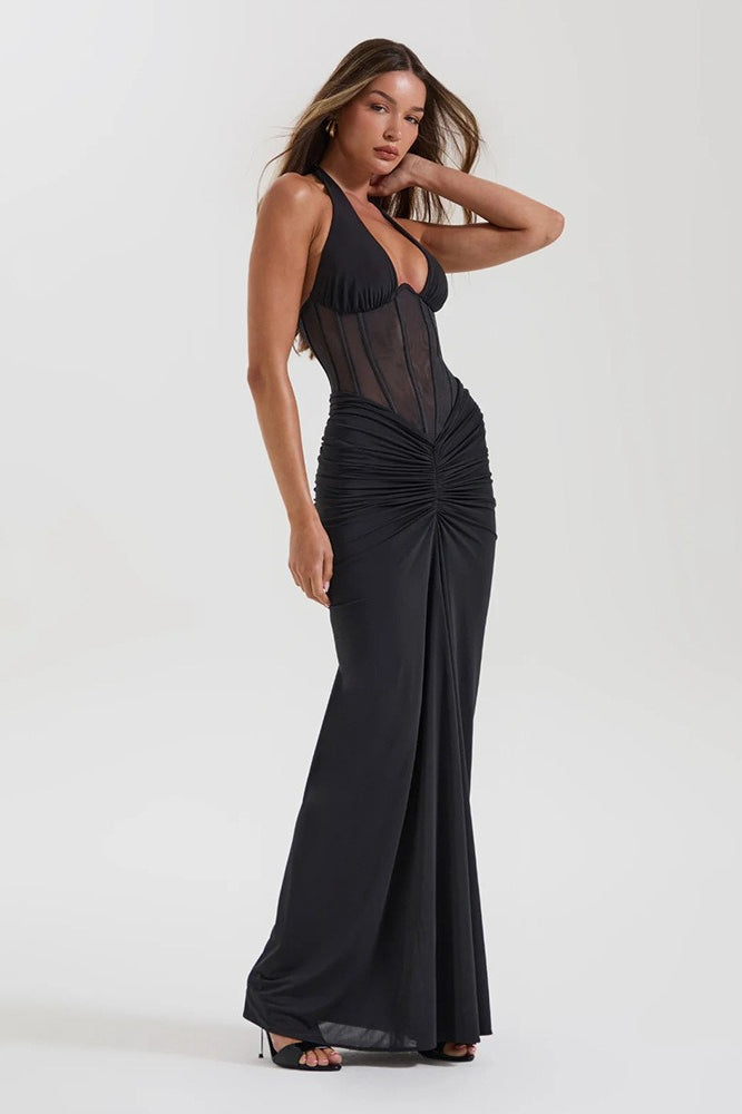 Gaun Maxi Panel Jala Halter