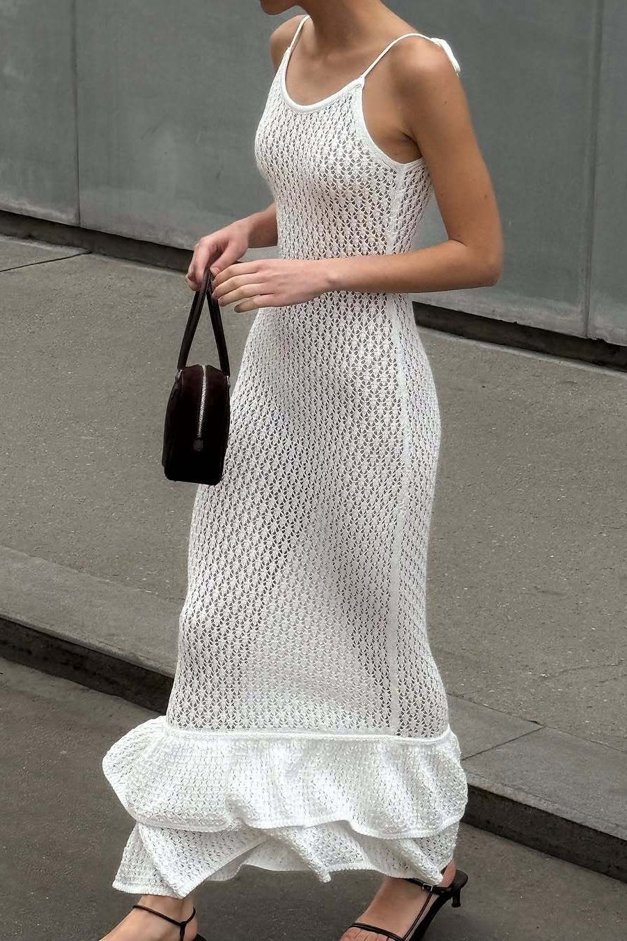 Gaun Maxi Cami Transparan Potongan Seksi Ruffle Boho