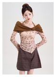 Floral Off-Shoulder Top with Brown Shrug and Rosette Detail