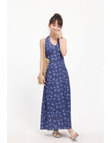 Blue Floral Print Sleeveless Maxi Dress