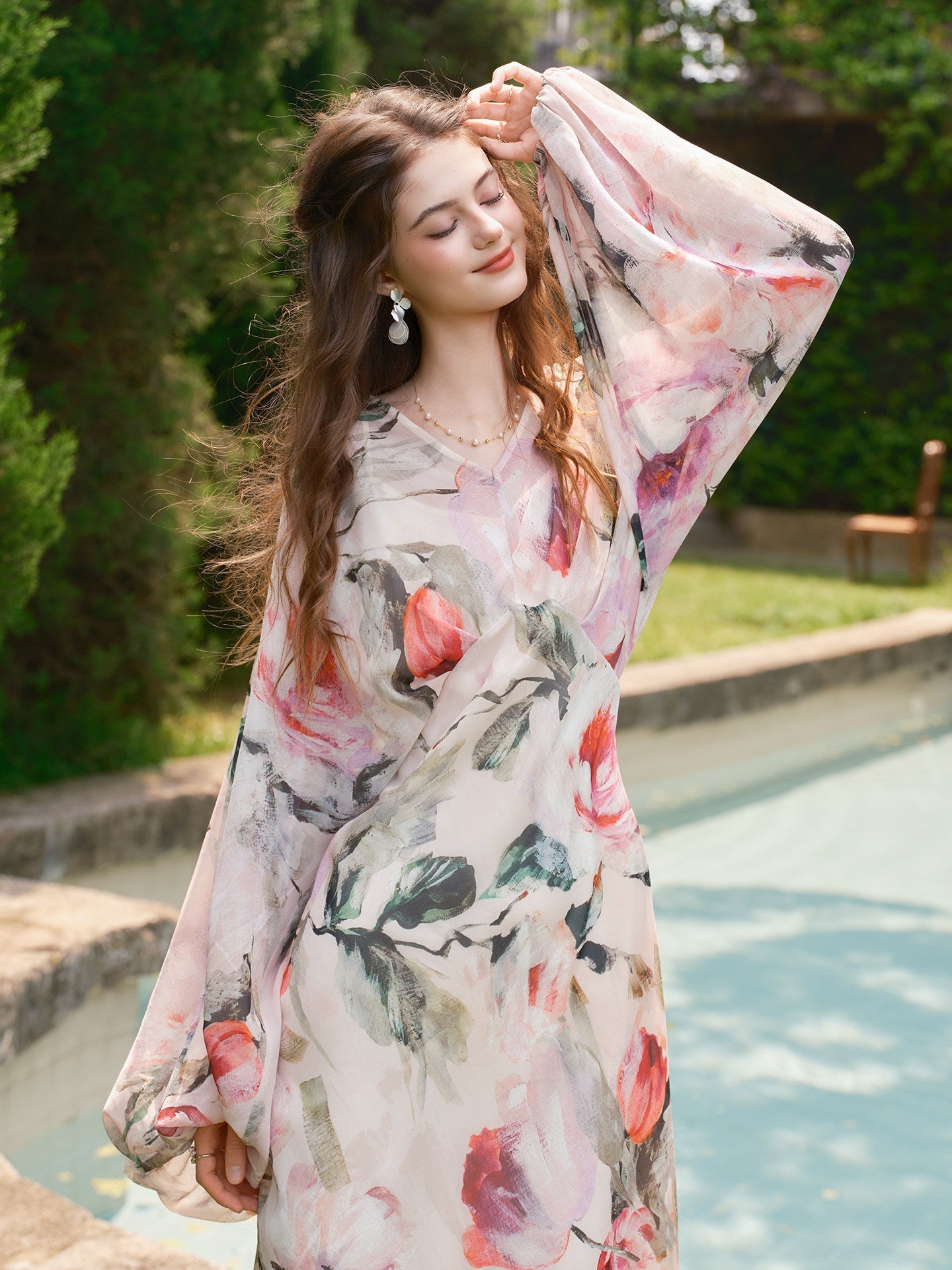 Floral Viscose Dress - Elegant Diagonal Cut