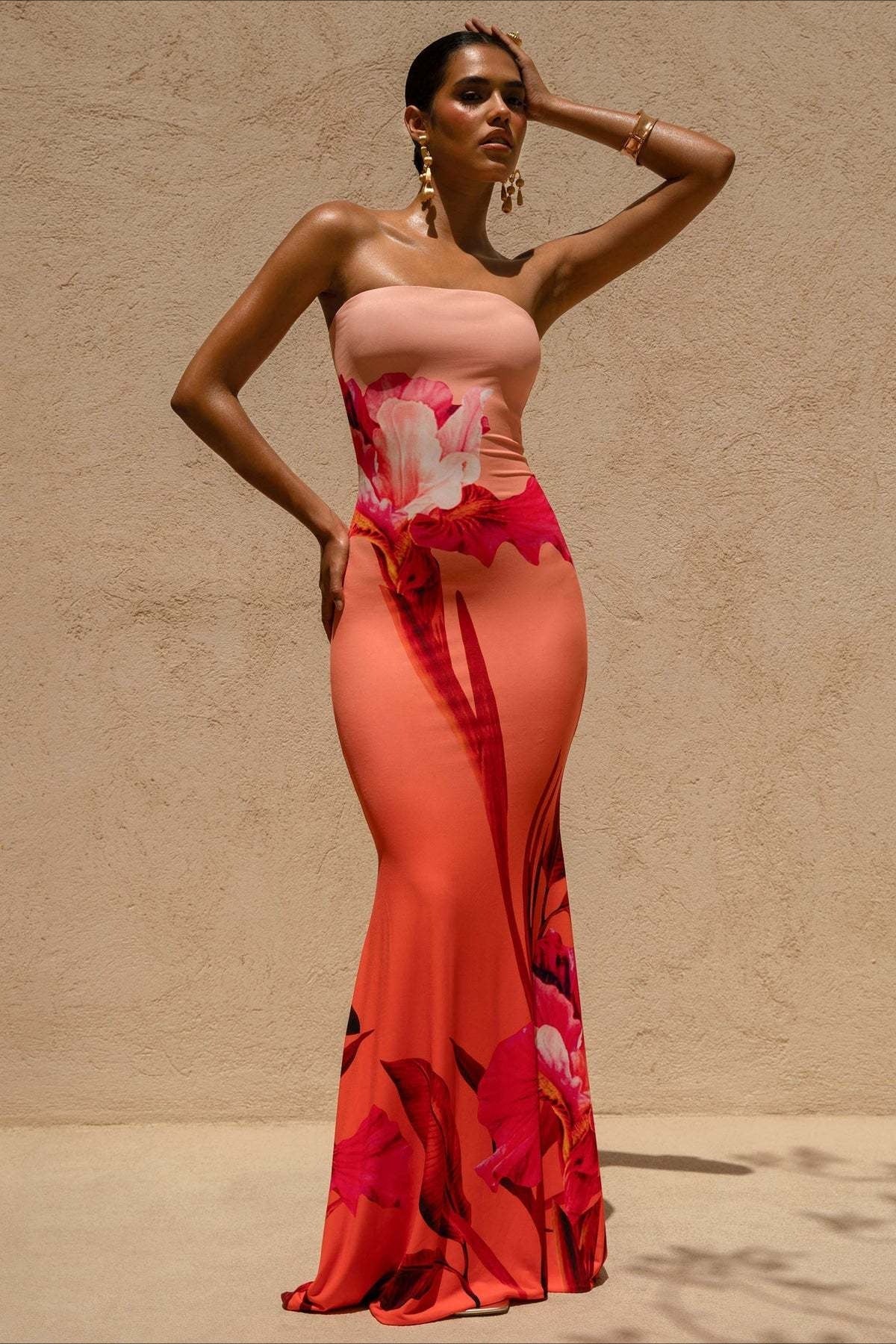 Gaun Maxi Cetak Bunga Mermaid Bandeau Seksi
