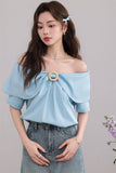 Blue Ruffled Blouse with Decorative Ring