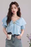 Blue Ruffled Blouse with Decorative Ring