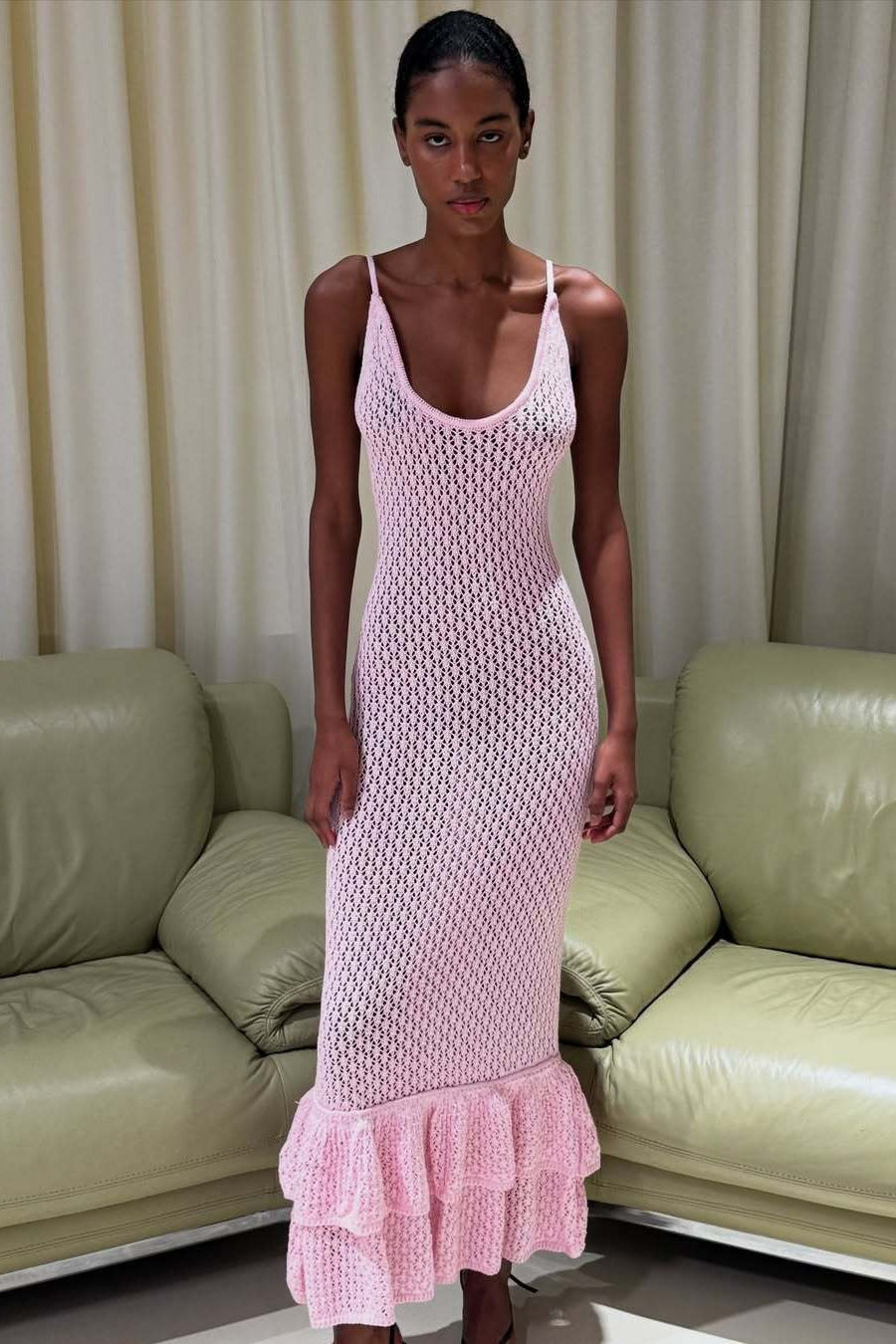 Gaun Maxi Cami Transparan Potongan Seksi Ruffle Boho