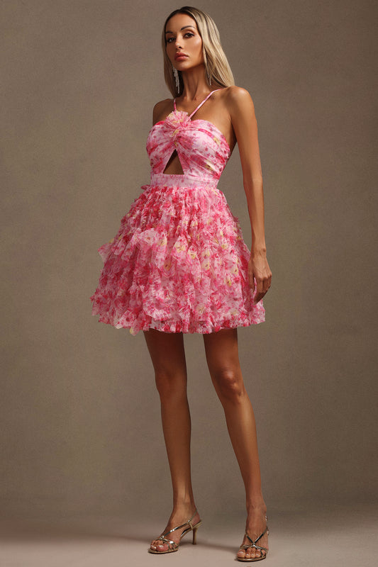 Daware Sleeveless Flower Printed Hollow Out Folds Mini Dress