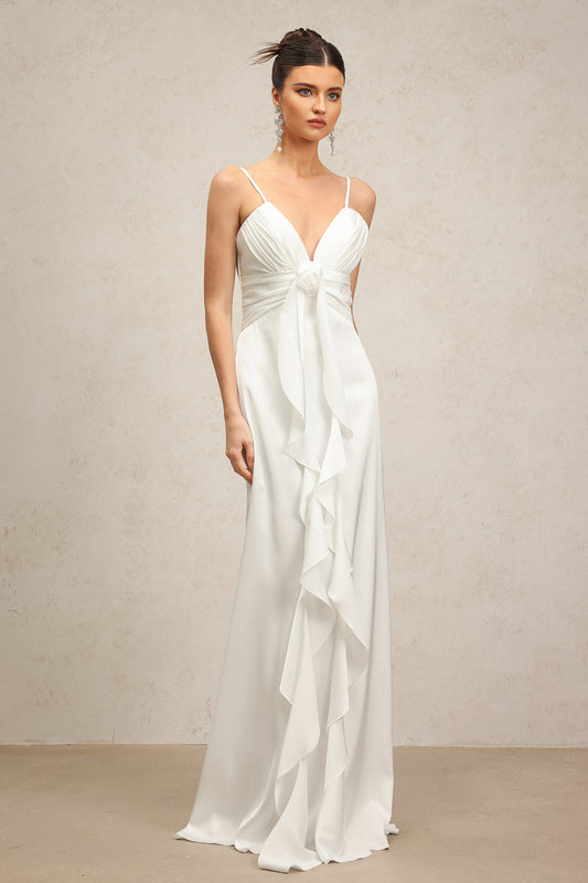Yvonne Sleeveless V-Neck Flowers Flounce Maxi Dress