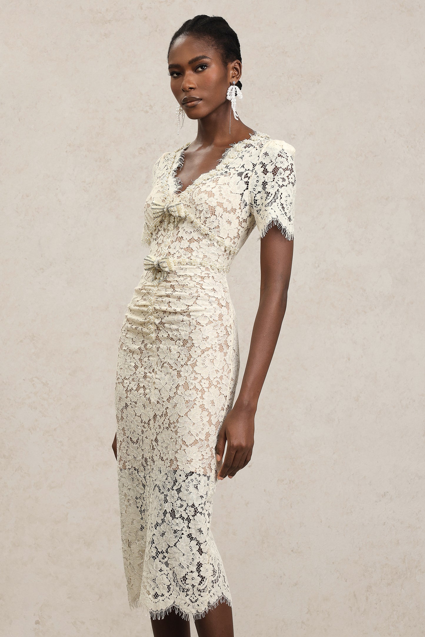 Maisie V-Neck Short Sleeves Bowknot Lace Midi Dress