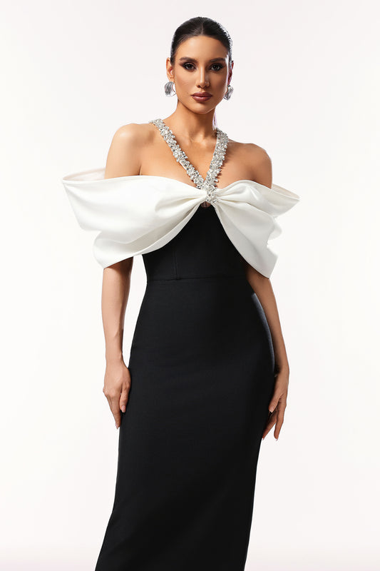 Lucifa Halter Sleeveless Bow Diamond Ribbon Bandage Maxi Dress