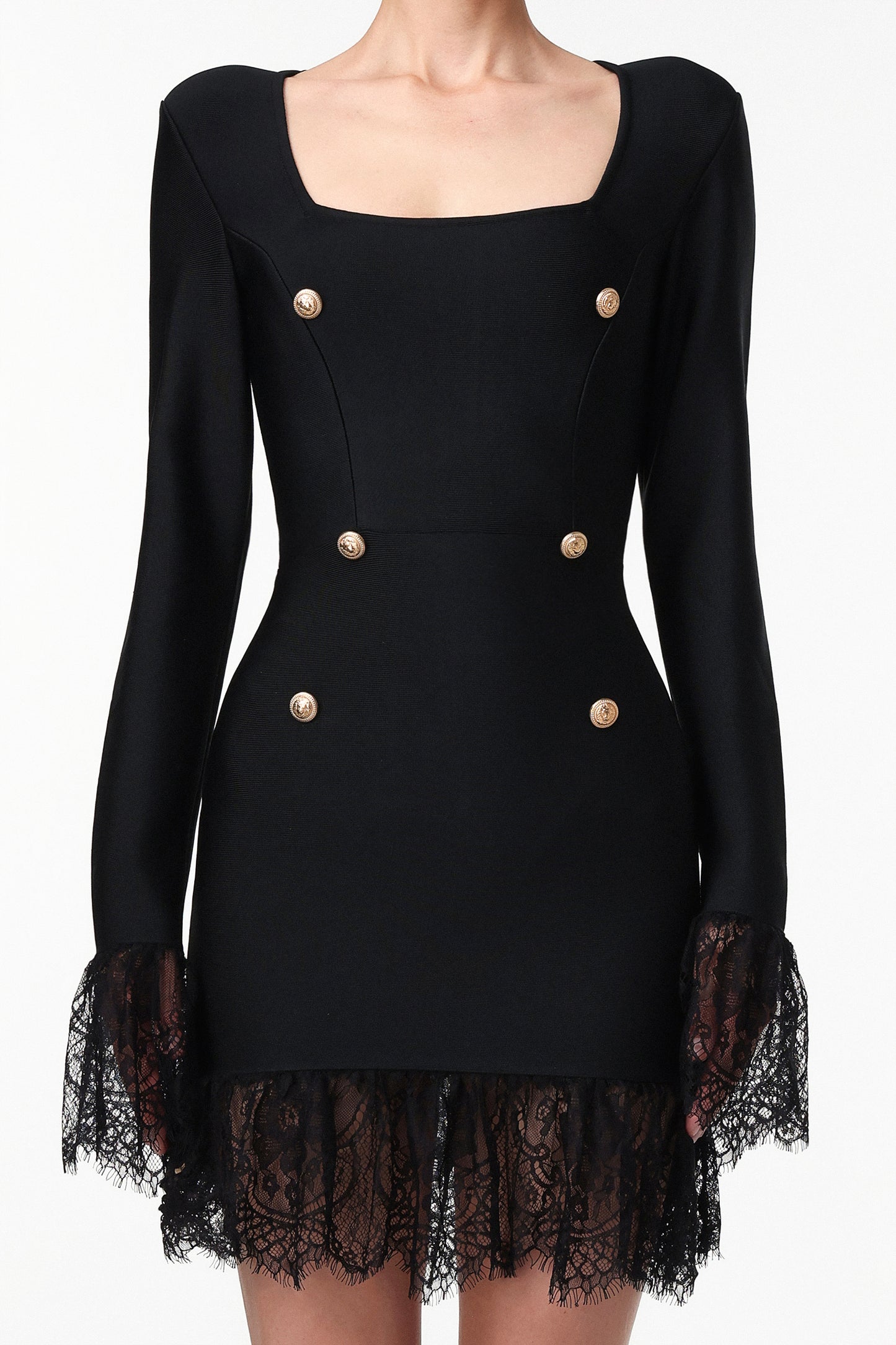 Sydney Classic Contour Long Sleeve Rhinestone Button Lace Bandage Mini Dress