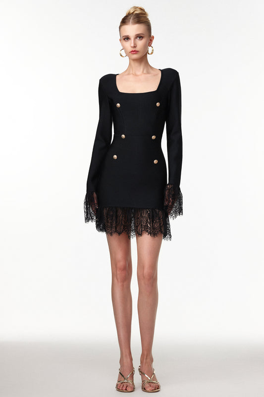 Sydney Classic Contour Long Sleeve Rhinestone Button Lace Bandage Mini Dress