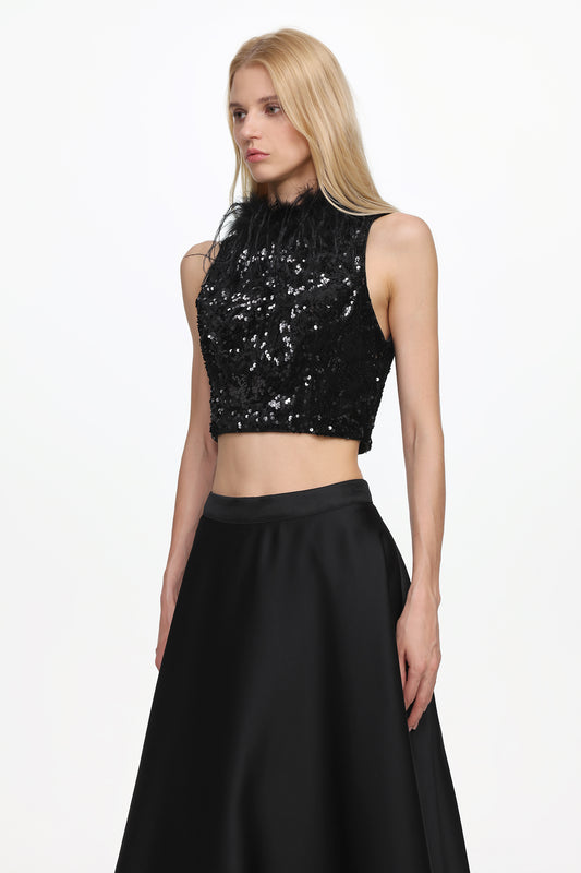 Chic Contonur Sleeveless Feather Sequin Velvet Top and Satin Skirt Set