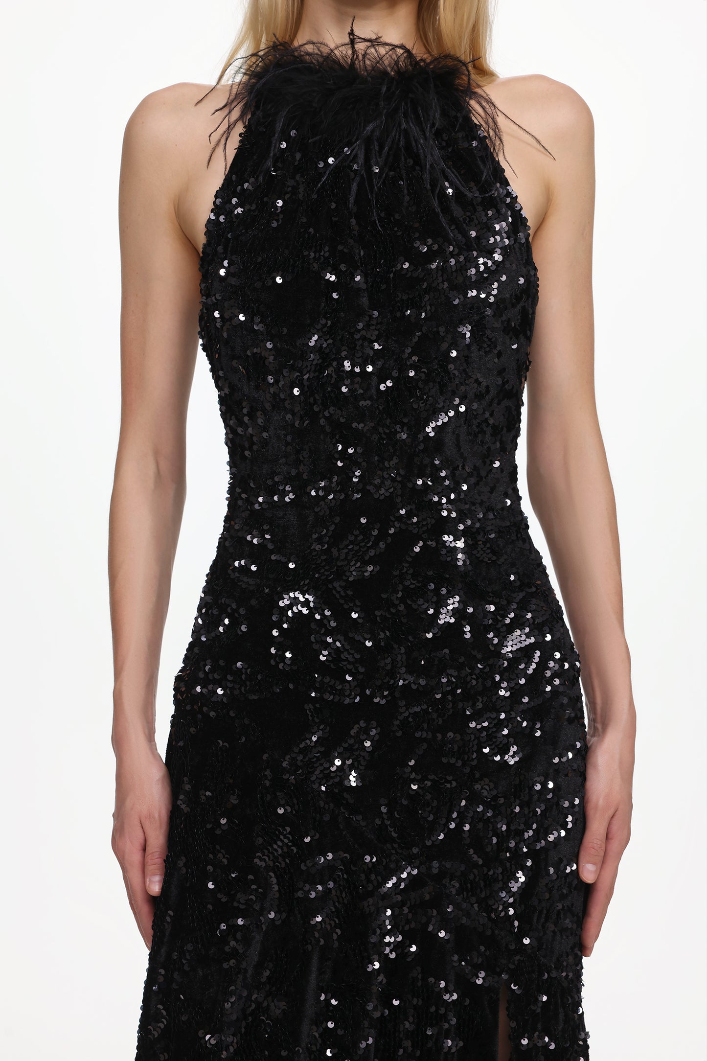 Glamorous Contour Sleeveless Feather Sequin High Slit Velvet Maxi Dress