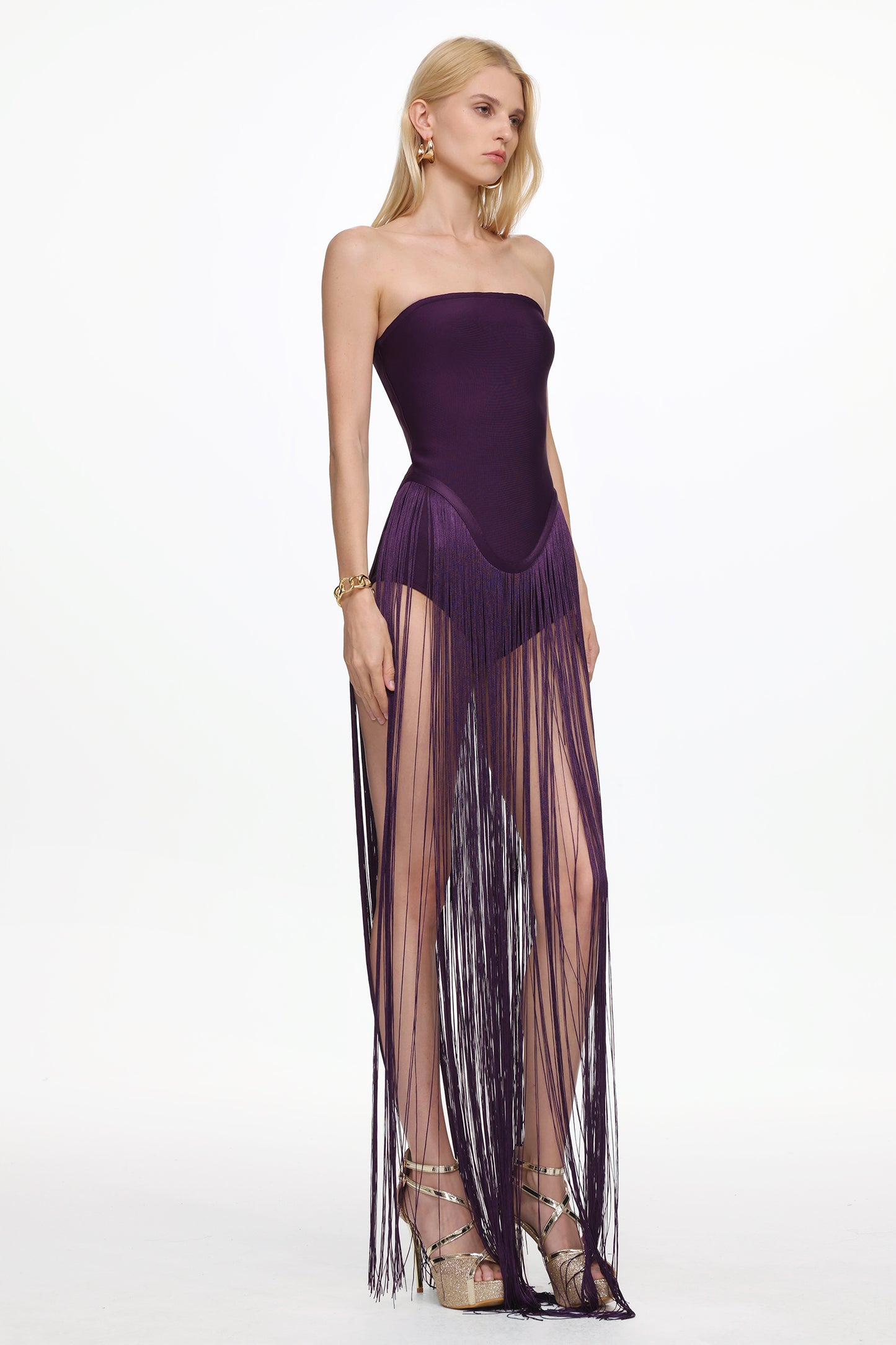 Valentina Strapless Purple Fringe Dress