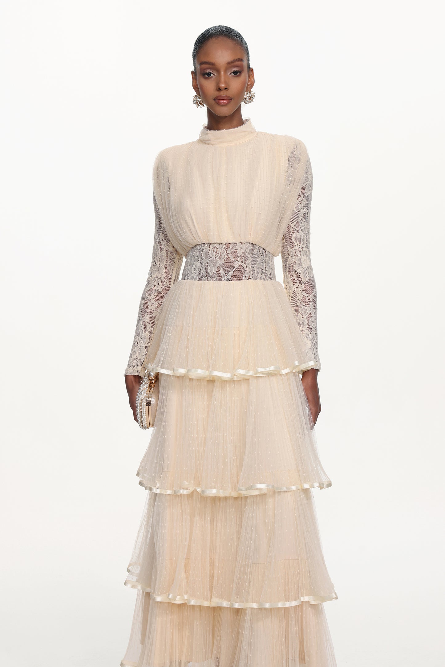 Yannei Romantic Flowy Long Sleeve Lace Tiered Tulle Maxi Dress