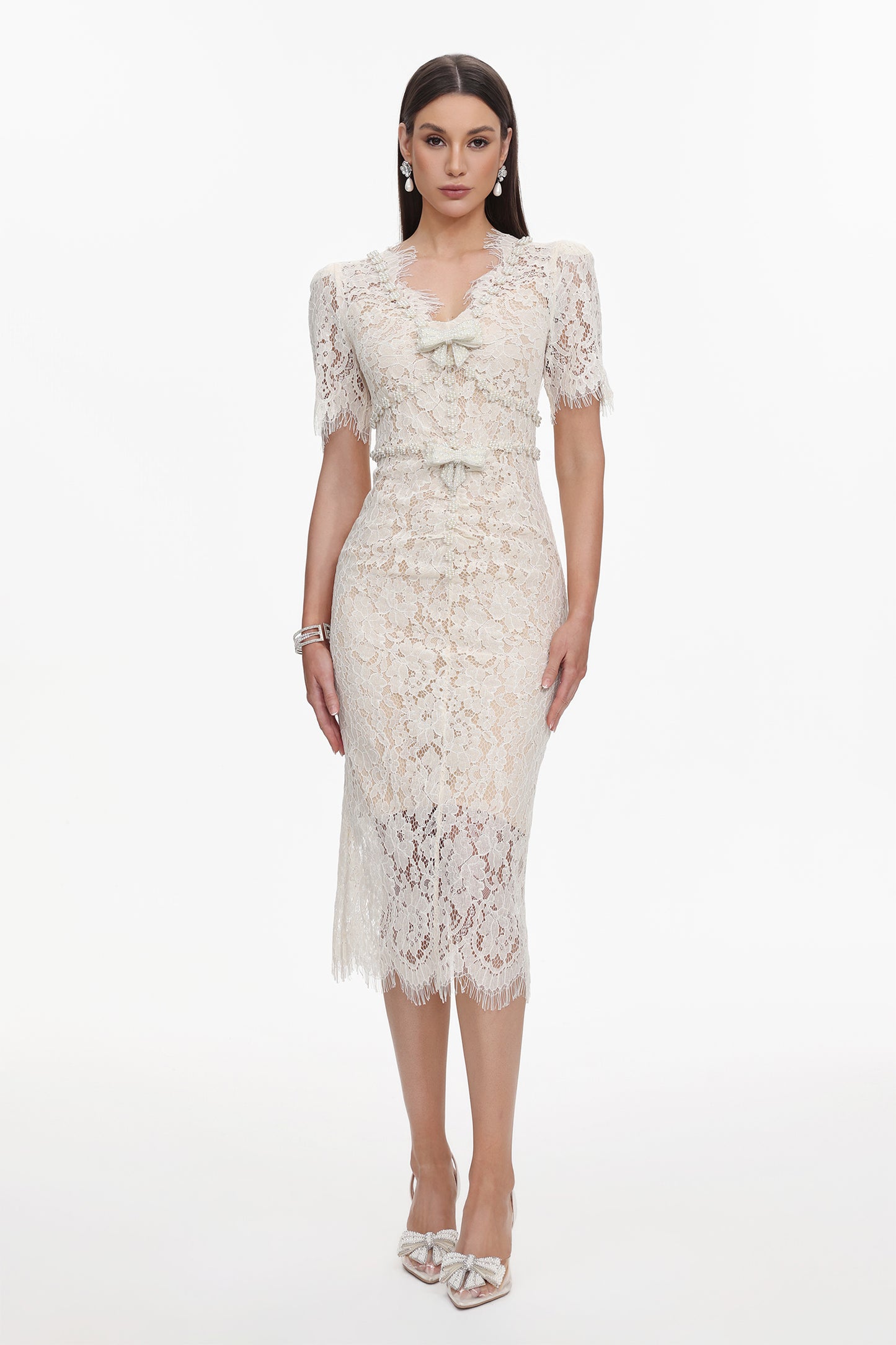 Maisie V-Neck Short Sleeves Bowknot Lace Midi Dress
