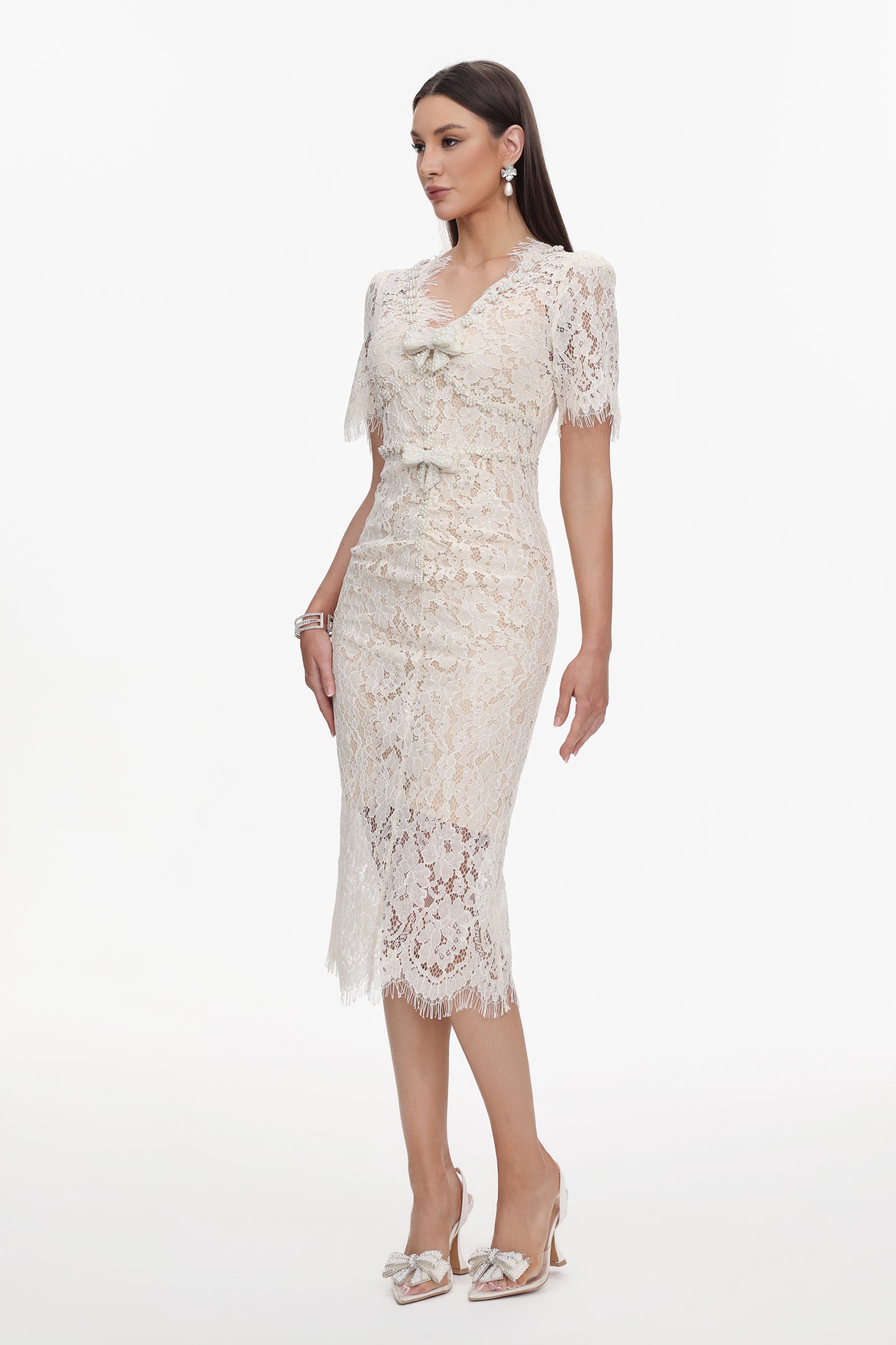 Maisie V-Neck Short Sleeves Bowknot Lace Midi Dress